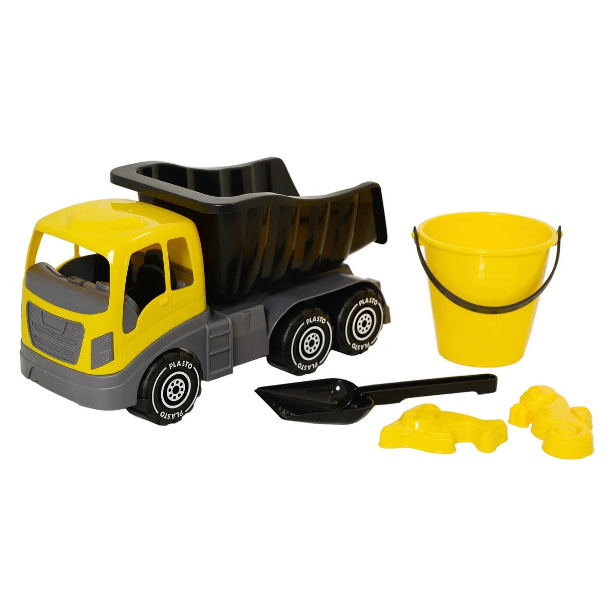 Plasto, Sandset med lastbil 40 cm, hink, spade och 2 sandformar