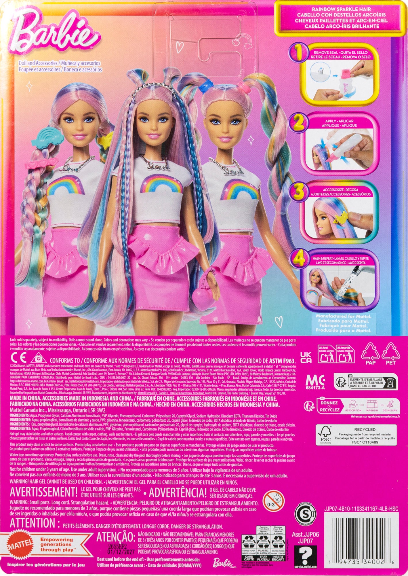 Barbie Rainbow Sparkle Hair docka med långt hår & tillbehör