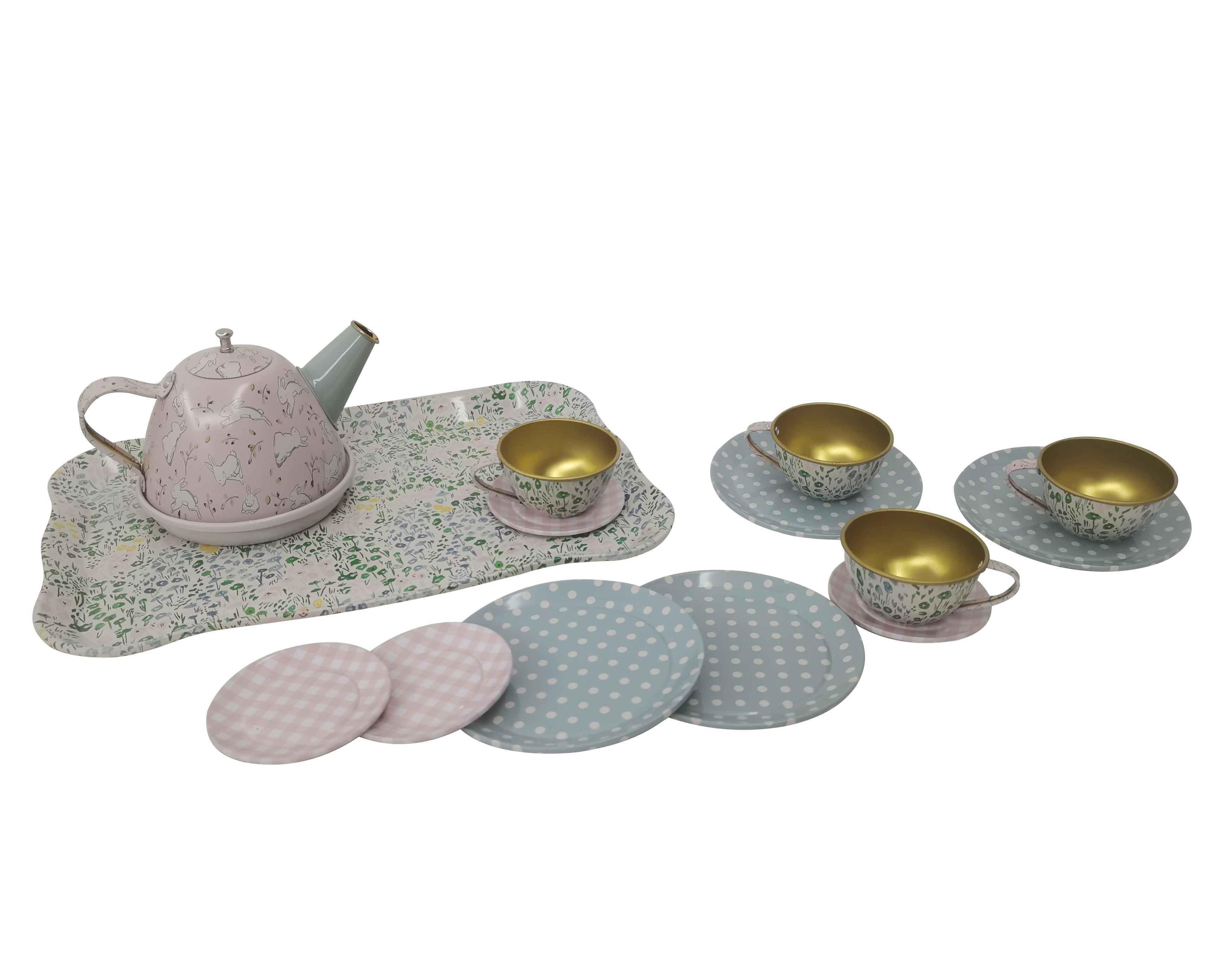 PAP, Blommig Teservis För 4 med Bricka, Metall