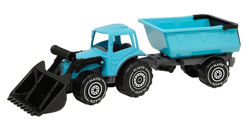 Plasto - Traktor med frontlastare och tippsläp, turkos.