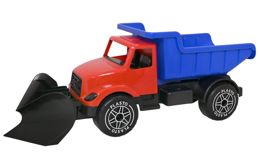 Plasto - Stor Plogbil 82 cm, röd hytt och blått tippbart fla