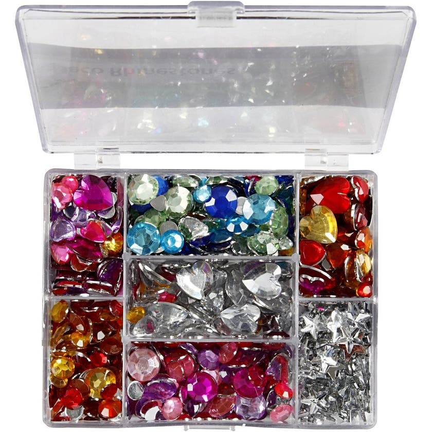 Rhinestones i ask, blå, rosa, silver, runda, stjärnor, hjärt