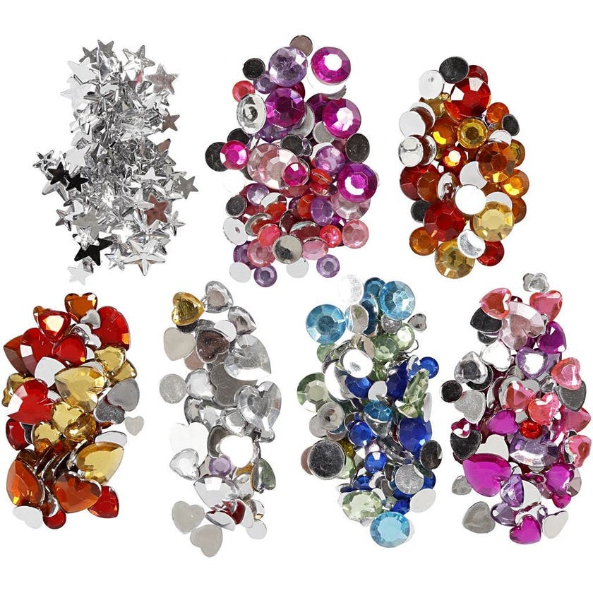 Rhinestones i ask, blå, rosa, silver, runda, stjärnor, hjärt