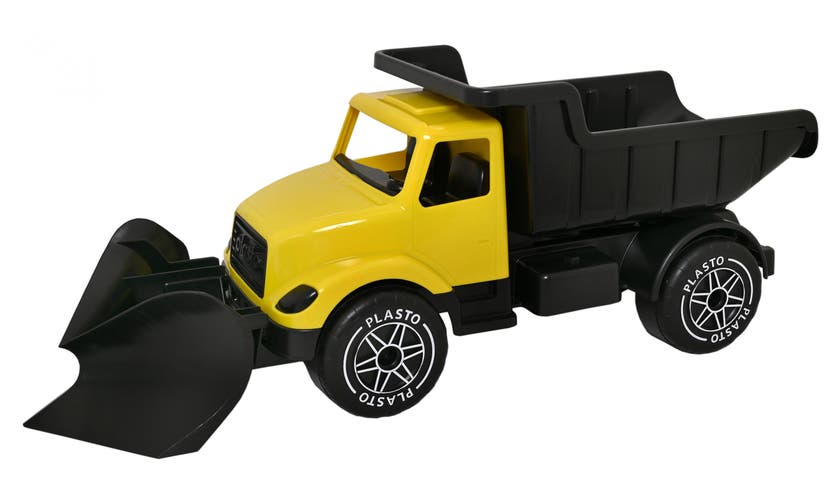 Plasto - Stor Plogbil 82 cm, gul hytt och svart tippbart fla