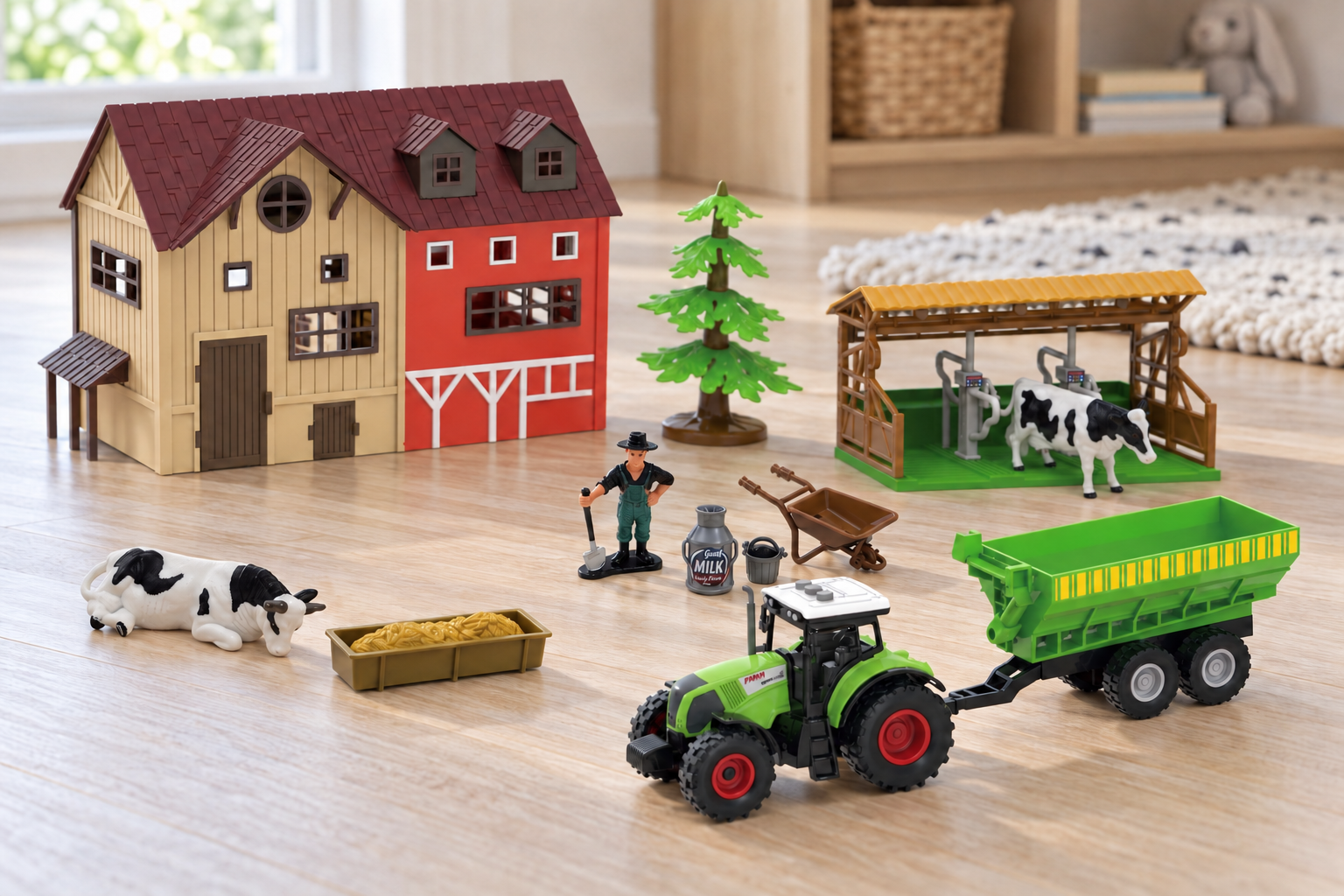 Bondgård med djur o traktor