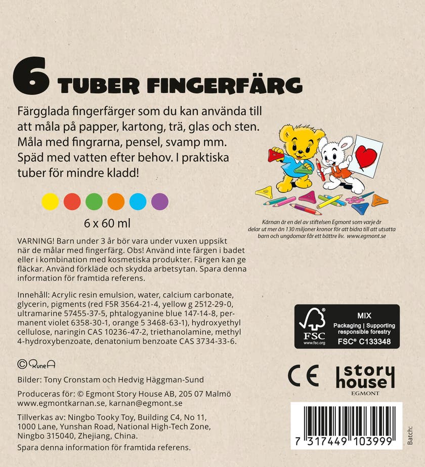 Bamse Fingerfärger 6-pack